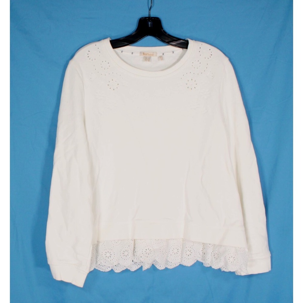 BARBOUR Cotton RUFFLE LACE TRIM Eyelet Neckline SWEATSHIRT/TUNIC TOP Sz 14